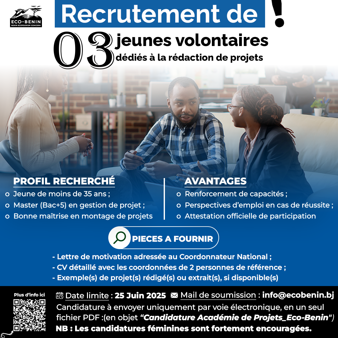Lire la suite à propos de l’article Appel à Candidatures : Rejoignez l’Académie de Projets d’Eco-Benin !